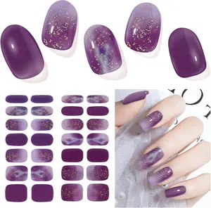 Semi Cured Gel Nail Strips, 28 pcs UV Gel Nail Stickers Full Nails Wraps for Women Home DIY Nails Art, UV Light Required(Purple Lightning)