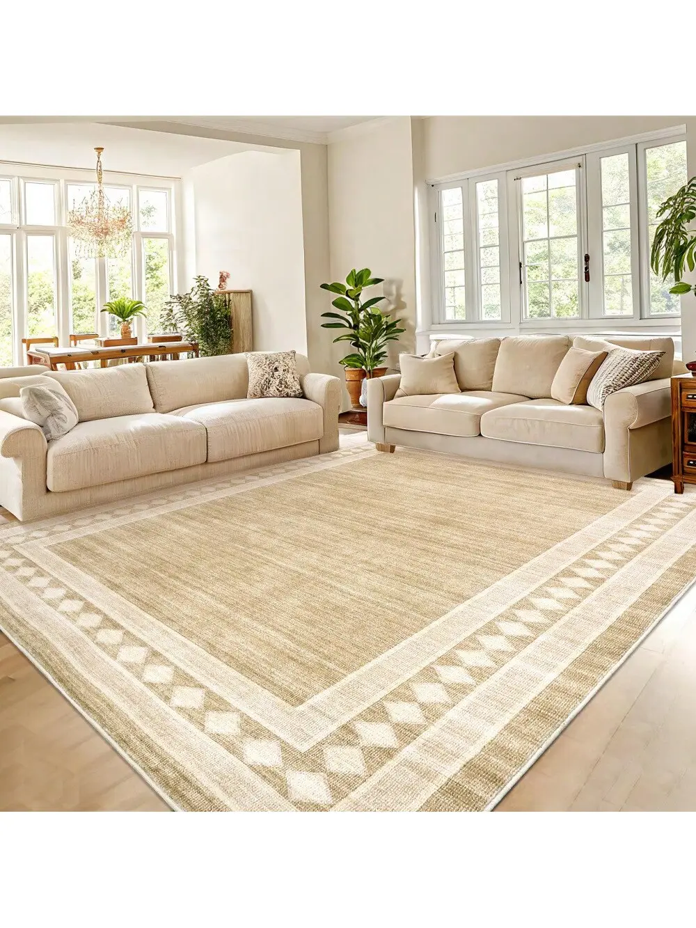 Brown-5*7 feet  Contemporary Machine Washable Area Rug Modern Geometric Floor Cover Non Slip Stylish  Bordered Accent Carpet Stain Resistant Low Pile Ultra Thin Pet Friendly Foldable Soft Indoor Mat For Kitchen Laundry Bedroom Livingroom