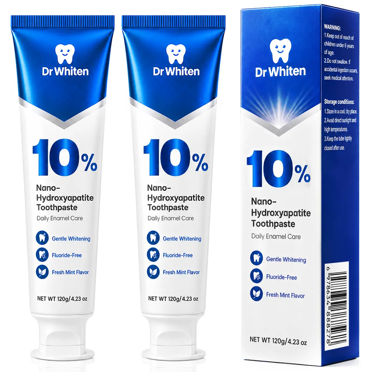 DrWhiten 10% Nano-Hydroxyapatite Toothpaste, Fluoride-Free Daily Enamel Repair Care, Fresh Mint Gentle Formula, Safe For All Oral Needs
