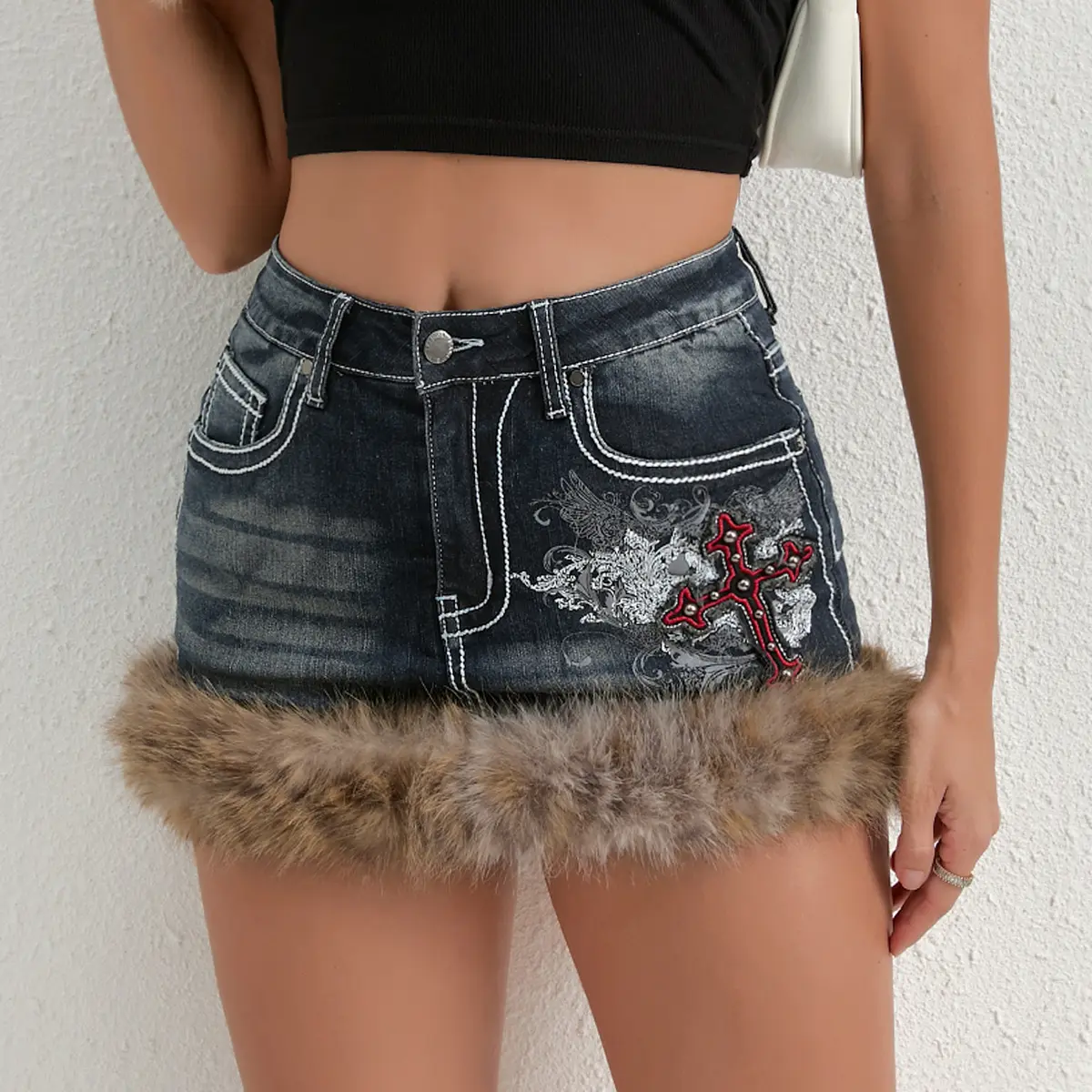 Chic Women's Casual Denim Mini Skirt Bodycon Fit with Embroidery and Button Details Faux Fur Trim