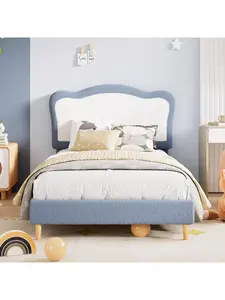 【Christmas Gift】Blue White-Twin Home Bedroom Cute Velvet Upholstered Twin/Full Bed Frame For Kids - Scallop Headboard Sturdy Platform Bed With Wooden Slats No Box Spring Needed Noise-Free For Girls and Boys