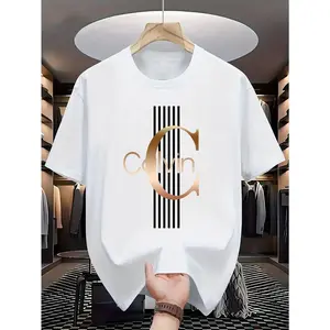 Men's casual Calvin print T-shirt - eye-catching letter print, paired with black stripes and gold accents, breathable round neck summer streetwear, machine washable, comfortable daily fashion T-shirt, daily T-shirt | eye-catching letter print | comfortabl