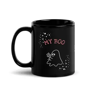 My Boo Black Glossy Mug. Ceramic washable reusable morning tea or coffee cup