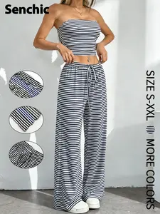 Vintage American Stripe Strapless Bustier with High Waist Wide Leg Pants Set, Relaxed and Versatile Two-Piece for Everyday Wear