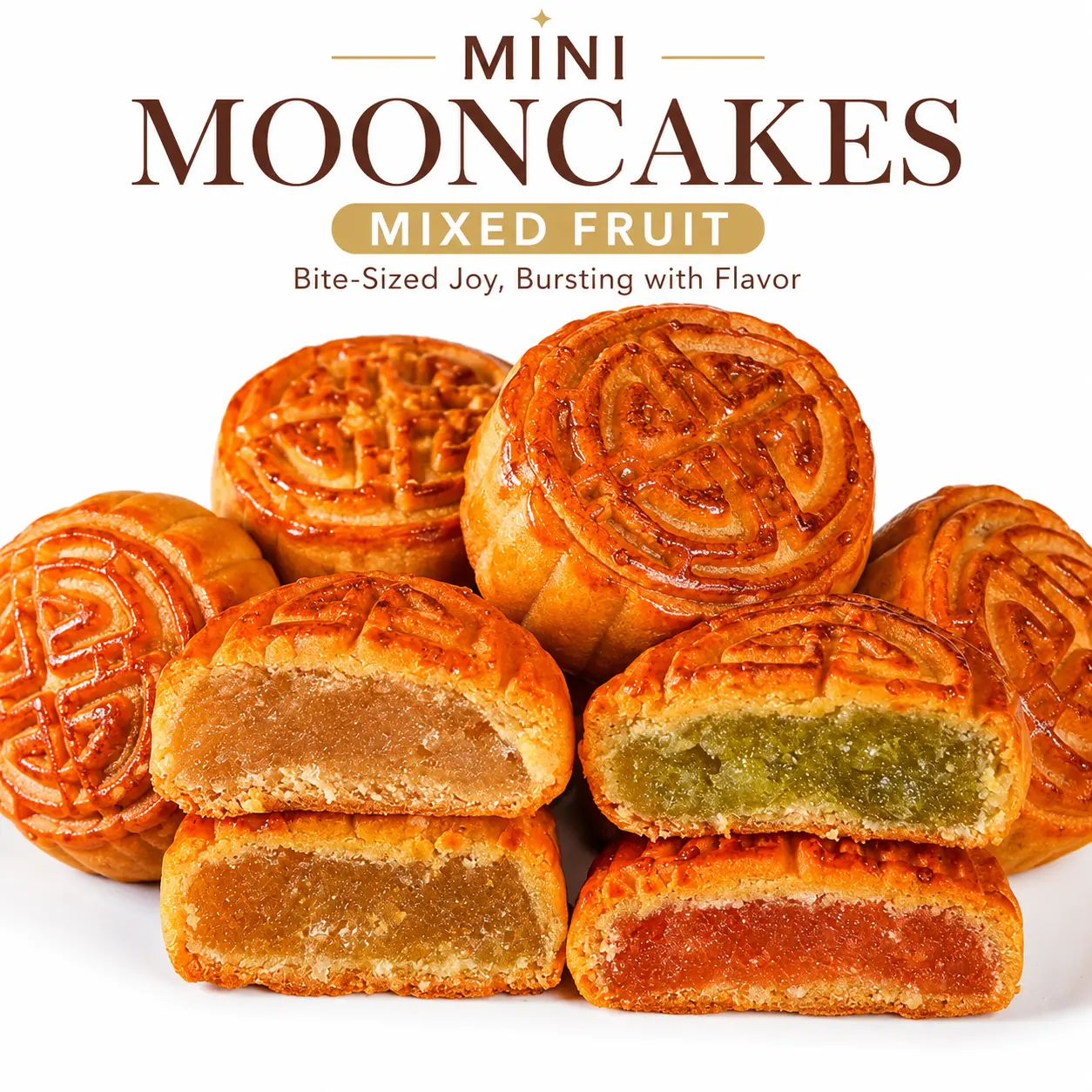 Assorted Fruit Mini Mooncakes Variety Pack – Mixed Flavors , Individually Wrapped Soft Pastry Snacks for Mid-Autumn Festival, Lunch Box, Office, Afternoon Tea & On-the-Go