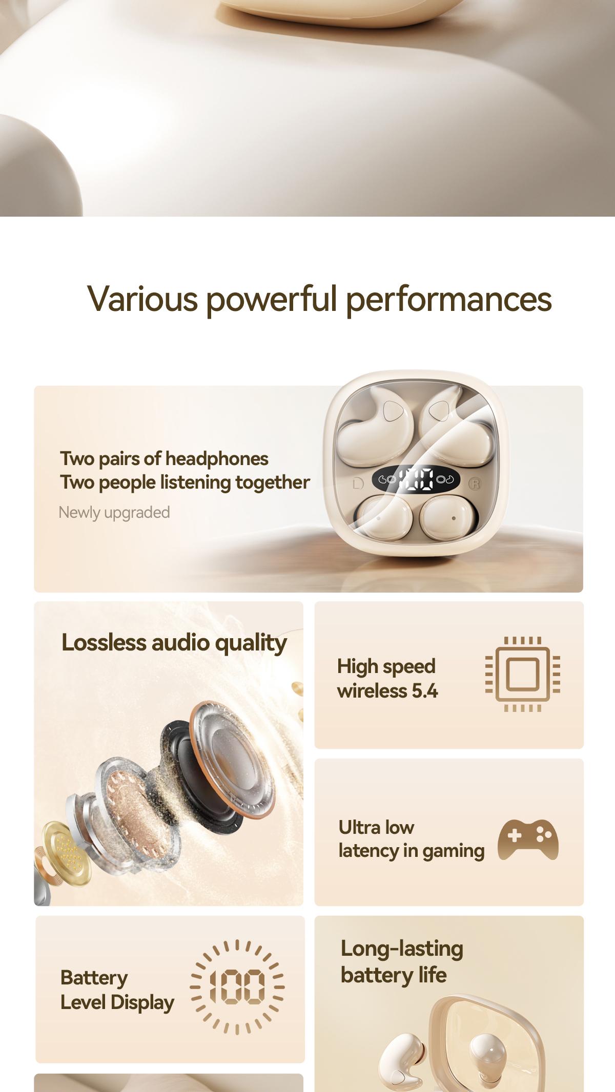 Chengruida M126 HiFi Quality 2 Pairs Wireless Earbuds, Ultra Thin Mini No Ear Pressure Side Sleep, Noise Reduction Call Long Battery Life