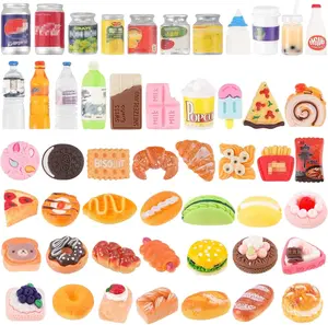 50Pcs Miniature Food Drinks Bottle Soda Pop Cans Pretend Play Mini Kitchen Game Party Accessories Toys Hamburg Cake Ice Cream for 1/12 Doll House Resin Material Mixed Color and Shaped