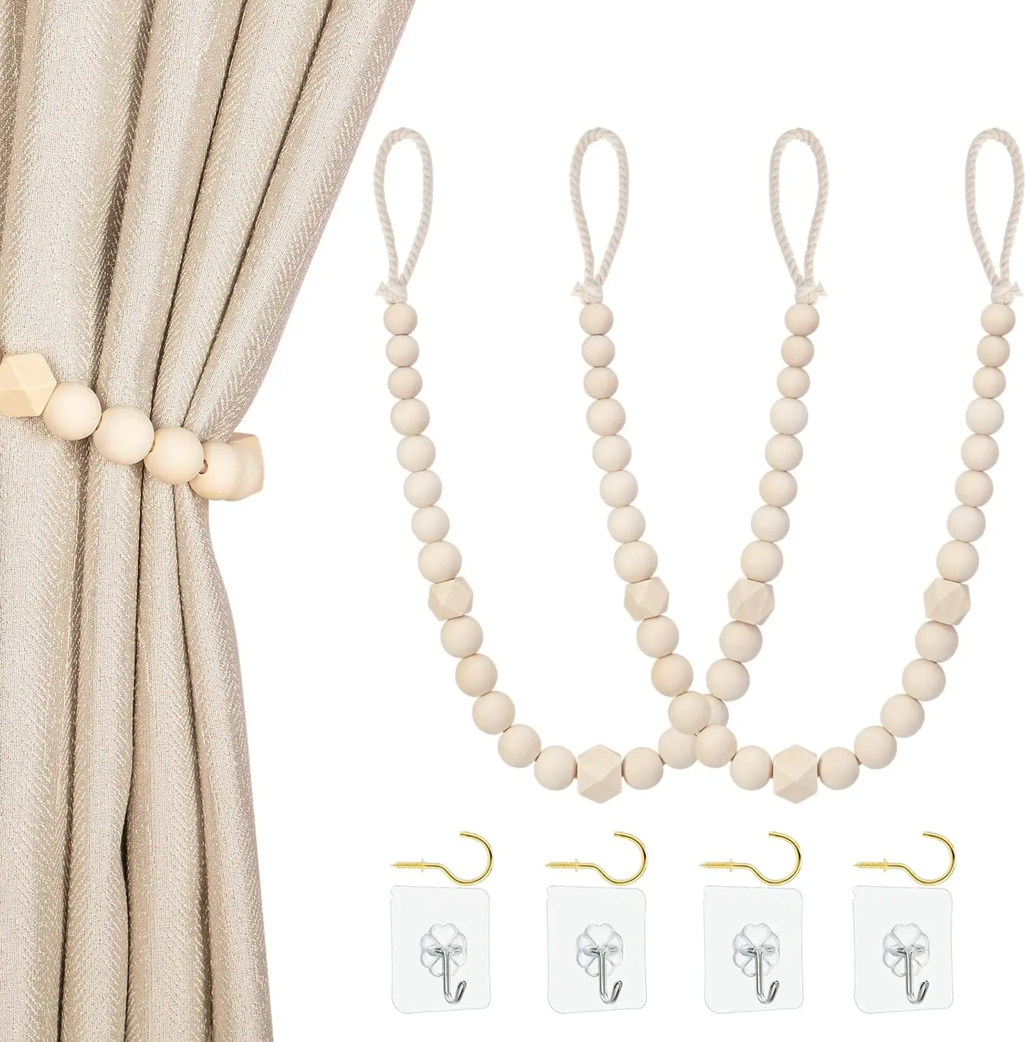 Wood Bead Curtain Tiebacks, Set of 2 Curtain Holdbacks for Thin or Thick Window Draperies, Boho Farmhouse Curtain Tiebacks with Hooks, Curtain Tie Backs for Home Office Room Decor