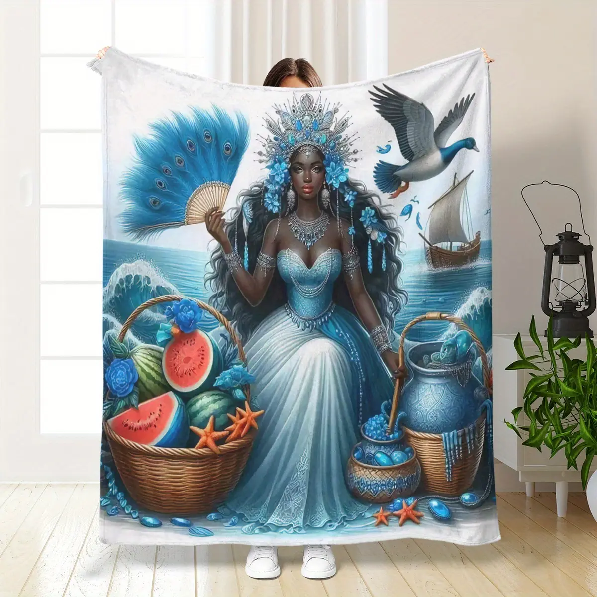 Bohemian Flannel Throw Blanket with Peacock Feathers & Ocean Print - Ultra-Soft, Lightweight for All-Season Use |   Artistic Home Decor & Travel Gift