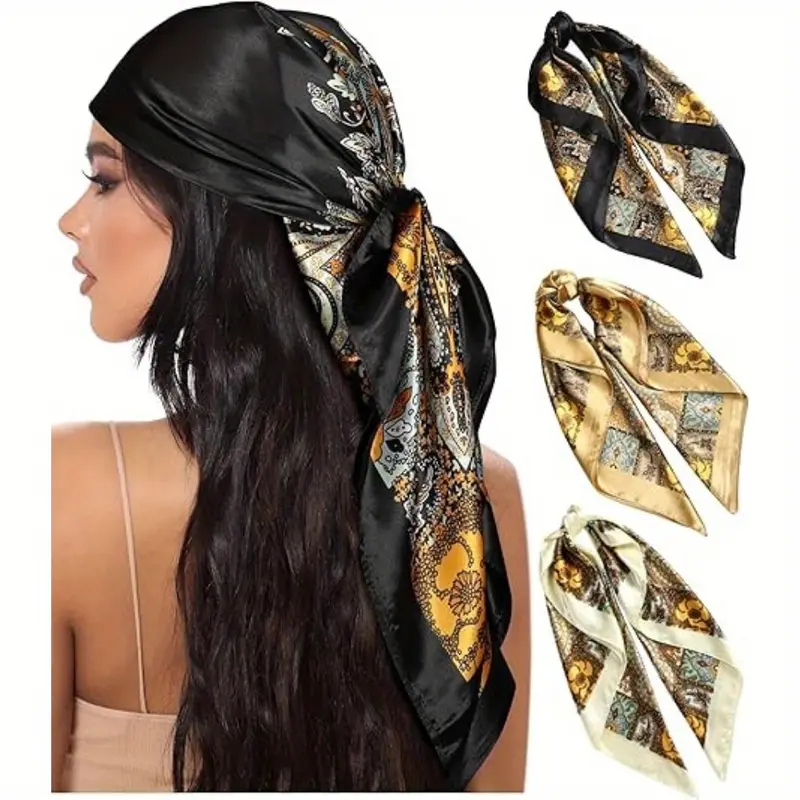 Women's 3PCS 35x35in Polyester Satin Silk Feel Square Scarf - Specialty Kitchen Utensil, Windproof Sun-Proof Neck Wrap, Shawl Decor, Style, Christmas/Anniversary/Birthday Decoration, Printed Woven Tie-Dye Craft Gift