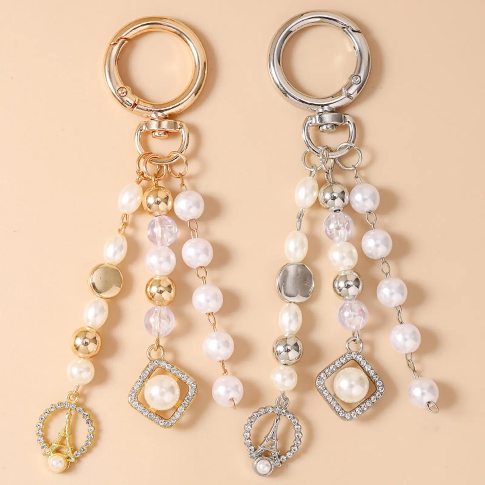 Elegant 2-Piece Keychain Set, Faux Pearl Beaded Charm Keyring with Mini Geometric Eiffel Tower for Bags and Keys, 2Pc, Cute, Collectibles