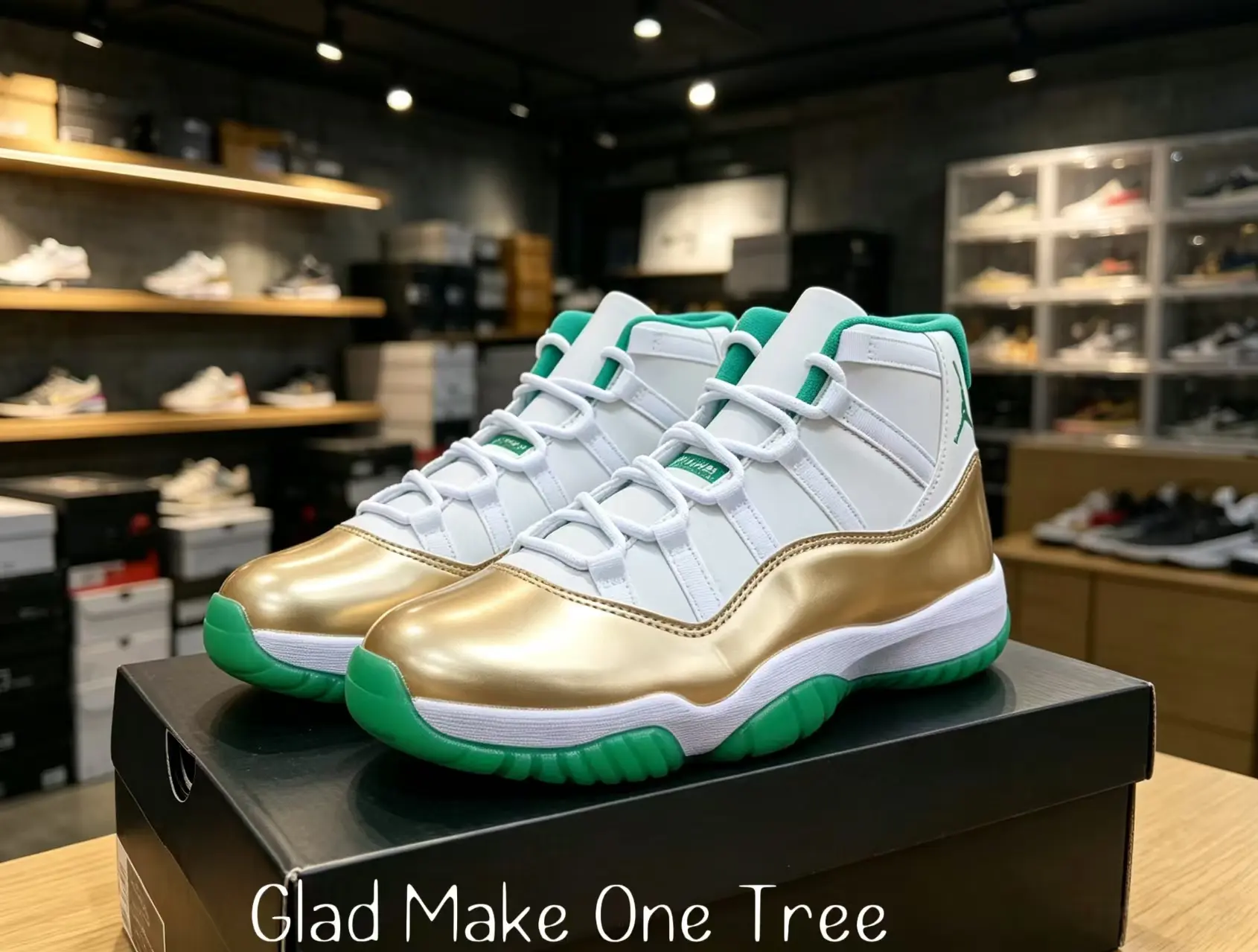 Shiny two-tone metallic gold and white casual mid-top trainers with vibrant green rubber sole and green lace detailing, high-gloss statement kicks to stand out in all urban streetwear matching
