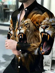 Men's Breathable Lapel Long Sleeve Cardigan with Roaring Lion Print