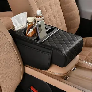 5-in-1 Car Armrest Cushion & Center Console Organizer | Multifunctional Leather Cover with Cup Holder, Phone Slot, Tissue Box, Storage Pockets for Sedans & Most Cars | Interior Car Accessories