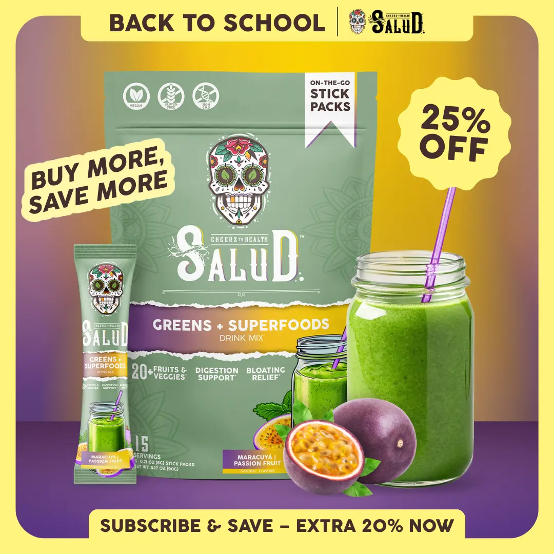 Salud 2-in-1 [Greens + Superfoods - Passion Fruit] Daily Greens Drink Mix, Agua Fresca, Gut Health & Bloating Support, Probiotics & Prebiotics, Vegan, Non-GMO, Easy-to-Drink Greens Powder (15 Servings)