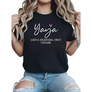 Women's Loose-Fit Short-Sleeve Round Neck Yaya Graphic T-Shirt - Lady's Cool Grandma Heart Print Streetwear, Casual Sports Top for Spring, Summer, Sports & Outdoor Clothing, Shortsleeve
