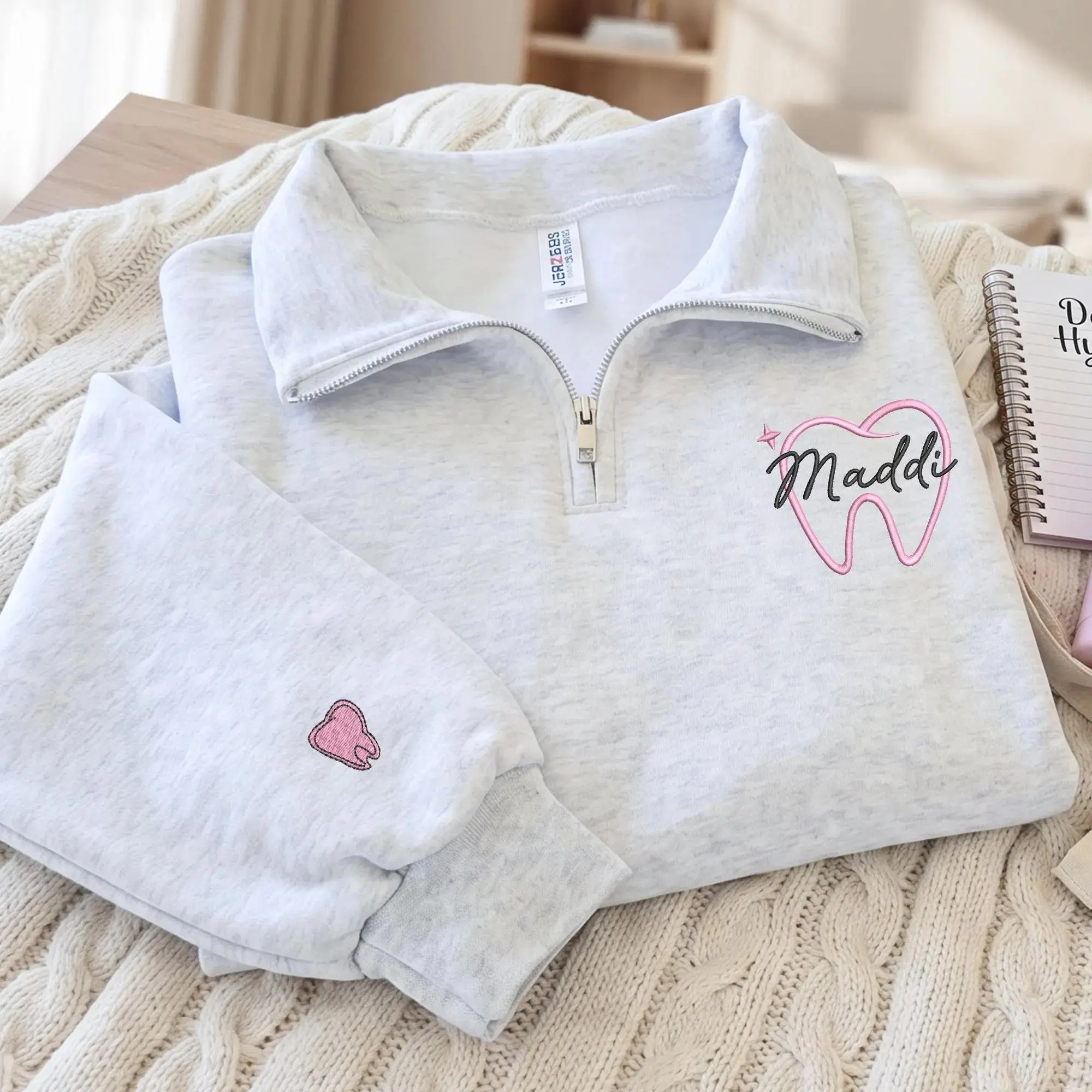 [MAKE IN US]Embroidered Dental Hygienist Quarter Zip Sweatshirt, Personalized Tooth Dental Assistant Gift, Customized Orthodontist Sweatshirt Pediatric