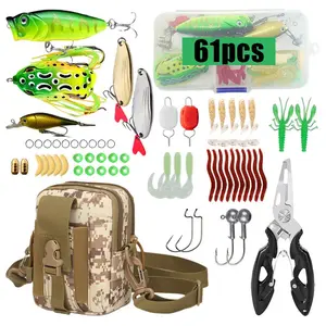 61-Piece Fishing Lure Set with Gear Bag, Popcorn Bait, Frog Bait, Spoon Bait, Soft Bait, Hooks, Pliers, Freshwater & Saltwater Fishing Equipment
