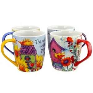 212 MAIN 18oz Classic Reusable Ceramic Mug Set - 4-Piece Assorted Designs (Birdhouse, Floral) for Coffee, Drinks