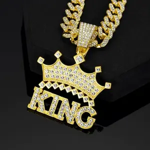 Men's 13mm Gold-Plated Crystal Cuban Chain Necklace, Crown-Shape King Pendant Rhinestone Necklace, Vintage Bling Hip Hop Statement Jewelry Accessory for Stylish Outfits, Necklaces