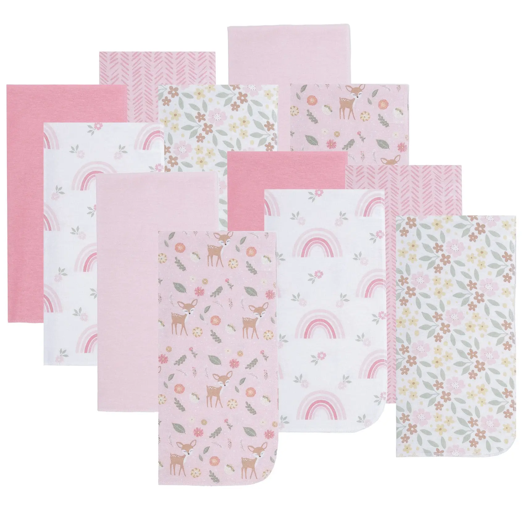 12 Pack Burp Cloths - Woodland/Flowers/Rainbow