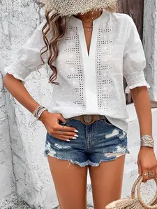 A women's solid color v-neck puffy sleeve mid-sleeve lace knitted ballerina lace top Blouse Womenswear, suitable for summer, suitable for casual, seaside vacation, dating party.