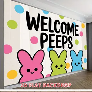 1PC Summervibes 2D Flat Polyester Easter Bunny Backdrop - Cute Colorful Polka Dot PEEPS Bunny Welcome Banner, Reusable Home & Party Decoration Wall Hanging Cloth for Easter, Birthday Photo Background Curtain