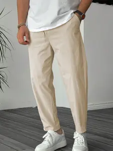 Men's Beige Plain Loungewear Homewear Pants, Nightwear - Lightweight Breathable Fabric, Elastic Waist with Drawstring, Relaxed Tapered Fit for At-Home Lounging, Lazy Weekends & Casual Evenings