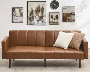75" Mid-Century Modern PU Leather Convertible Futon Sofa Bed, Adjustable Backrest Sleeper with Side Pockets, Loveseat for Living Room, Brown