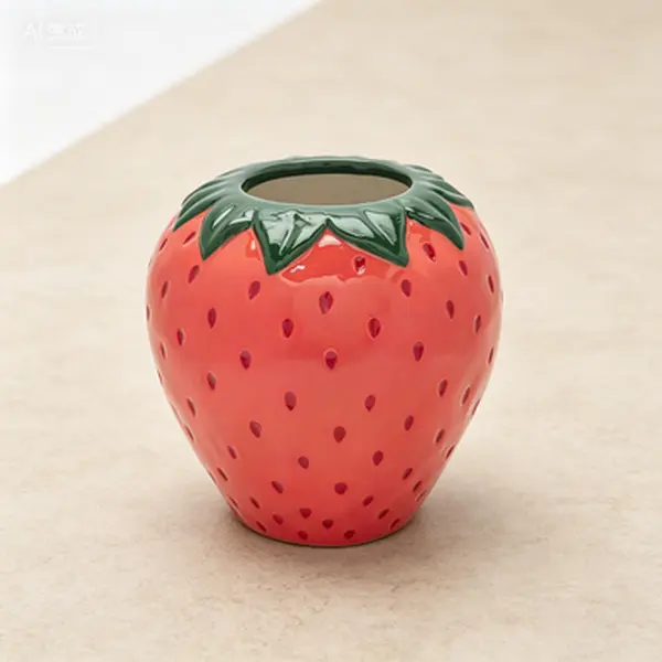 Decorative Strawberry Vase, Vintage Inspired Ceramic Vase, Large Flower Vase for Home Kitchen Office, Unique Strawberry Decor, Reusable Decorative Ceramic Vessel, Strawberry Shaped Home Decor