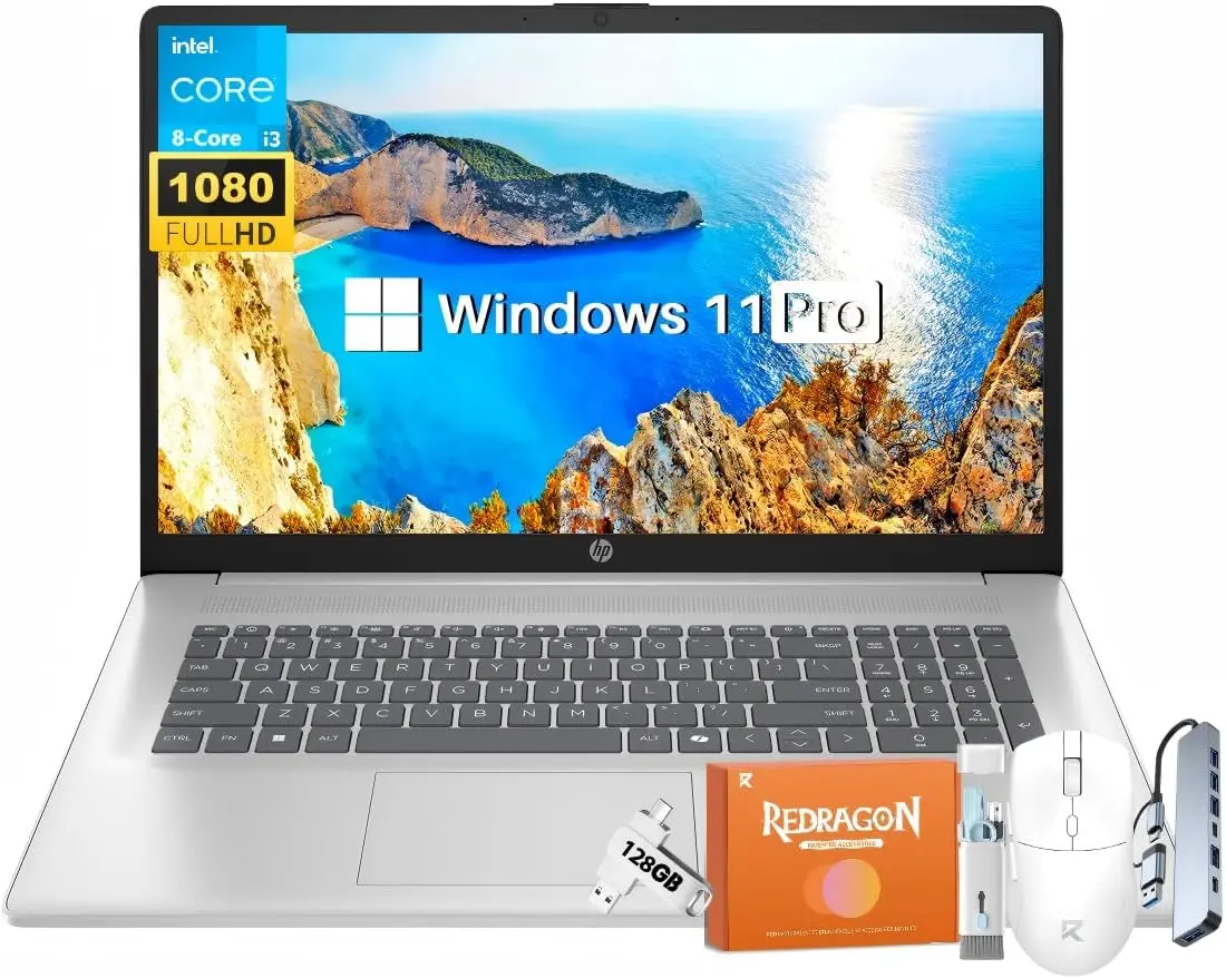 HP 17 Laptop Computer for Business Students, 17.3" FHD Display, Intel 8-Core Processor, Up to 32 GB RAM, Up to 2 TB SSD, Windows 11 Pro, Copilot AI, Up to 9.5 Hours Battery, Wi-Fi 6, BT 5.4, w/Accessories