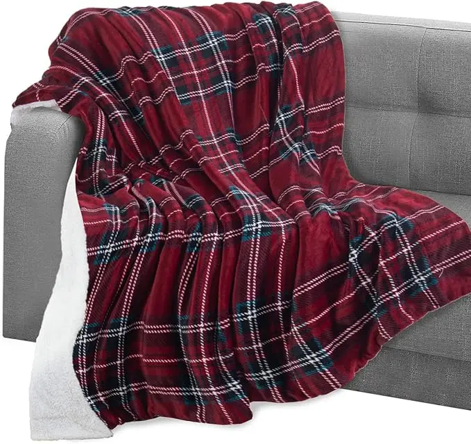 Mocassi Plaid Flannel Fleece Leisure Blanket - Sherpa-Backed Soft Fluffy Plaid Pattern Blanket with Velvety Plush Touch, 50in x 60in