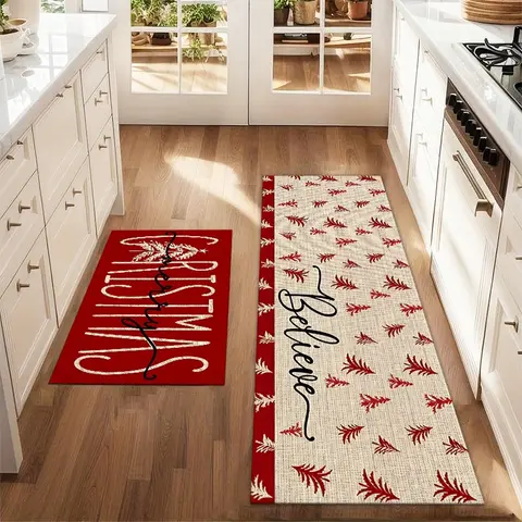 2Pcs Christmas Red Christmas Tree Floor Mat Set Farmhouse Kitchen Rug Dining Room Flooring Laundry Room Decor Carpet Mat Decorative Mats Home Decor Rugs Home Decorative Rug