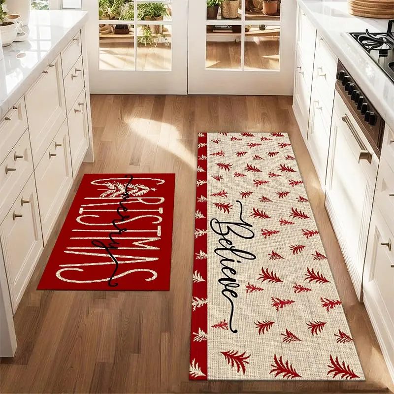 2Pcs Christmas Red Christmas Tree Floor Mat Set Farmhouse Kitchen Rug Dining Room Flooring Laundry Room Decor Carpet Mat Decorative Mats Home Decor Rugs Home Decorative Rug