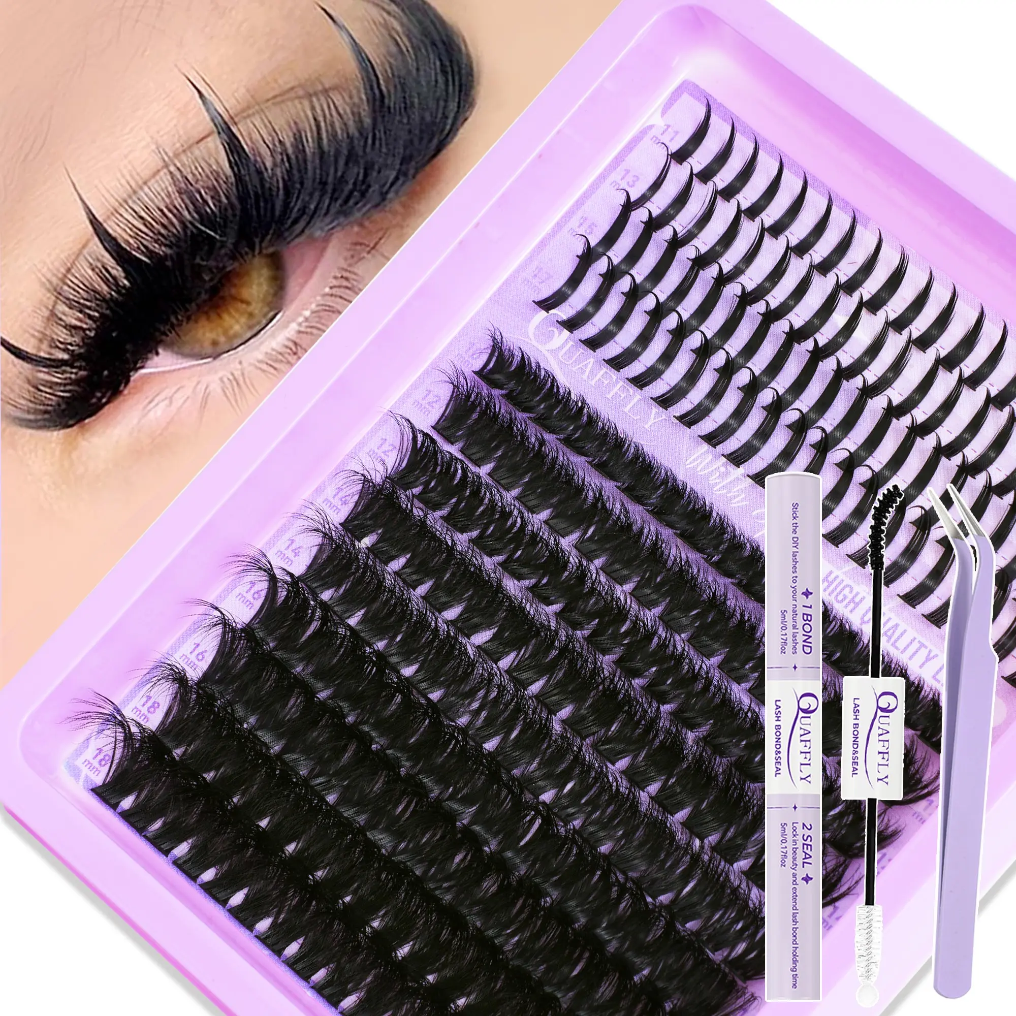 Quaffly Eyelash Cluster Set, Lash Clusters Set, D Curl Eyelashes, 224Pcs D Curl 80D Dense, Volume & Spike Mixed Length, DIY Lash Extension Kit with Glue & Seal Tweezers, Cosmetic Lash Extensions, Cosmetic False Lashes
