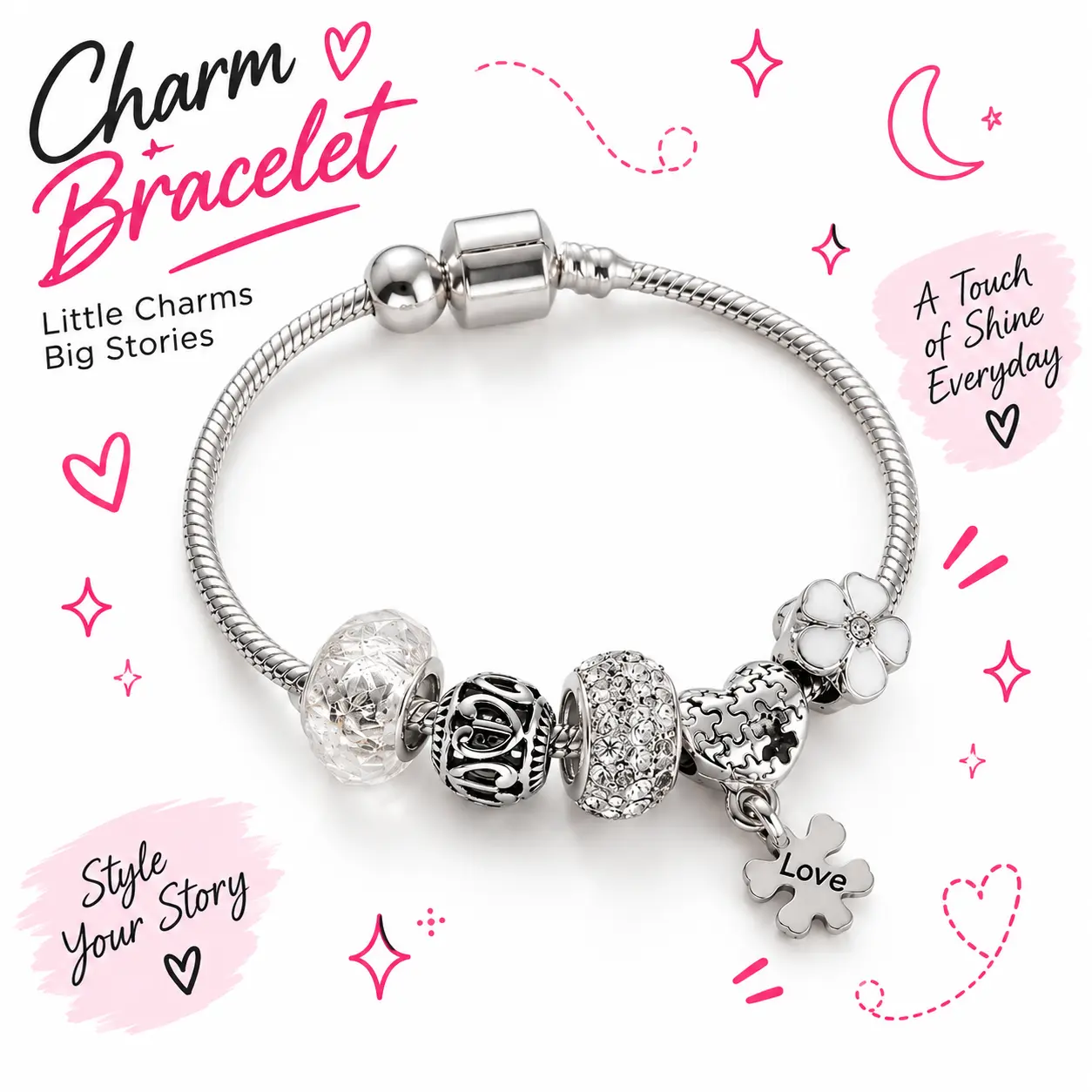 Hallween Gift DIY Silver Plated Charm Bracelet for Women, Beaded Bracelet with Heart, Bear & Rhinestone Charms, Trendy Fashion Jewelry, Gift for Women & Girls