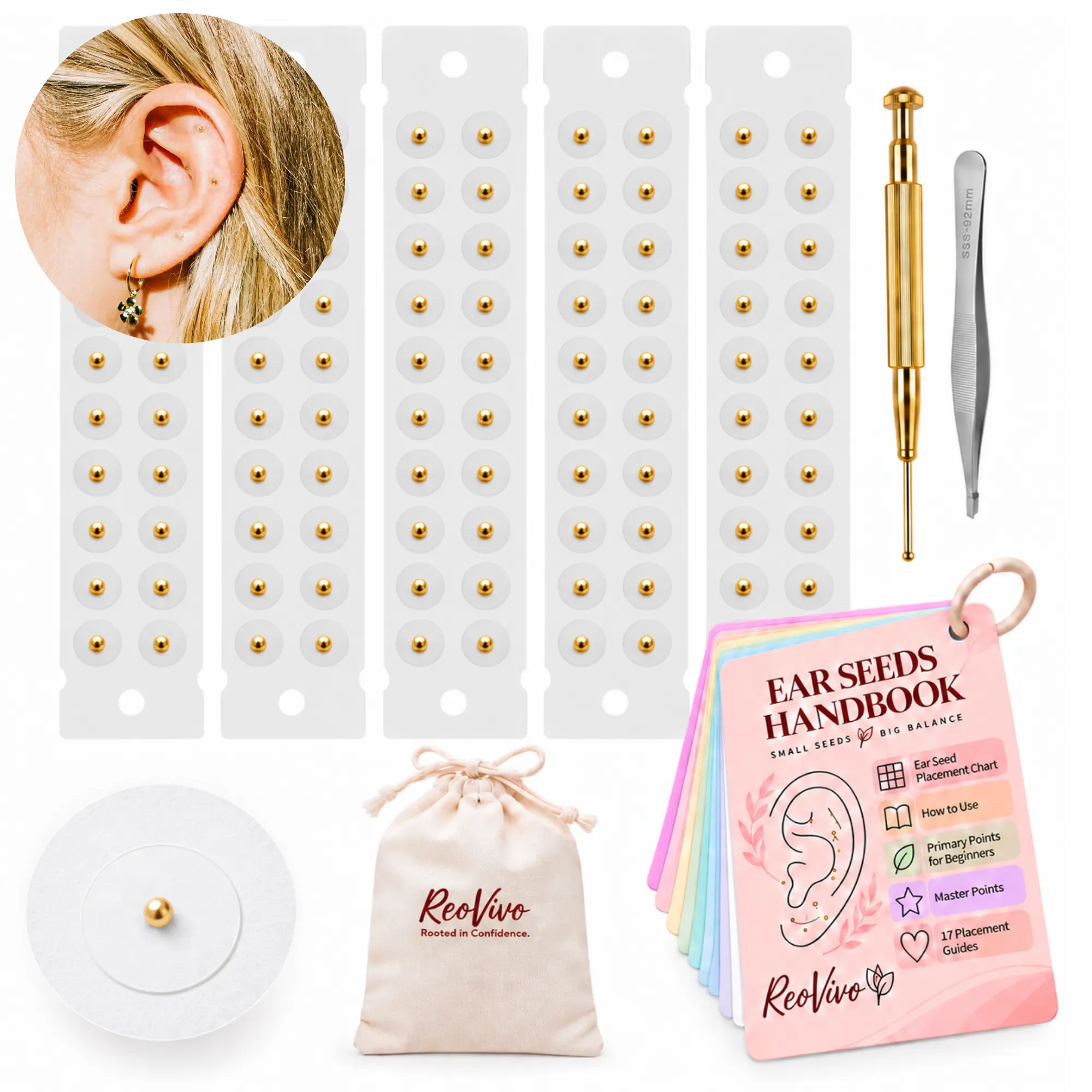 ReoVivo 100-Piece 24K Gold Ear Seed Kit, Needle-Free Ear Acupressure Stickers with Placement Guide, Tweezers, Probe Tool and Travel Pouch