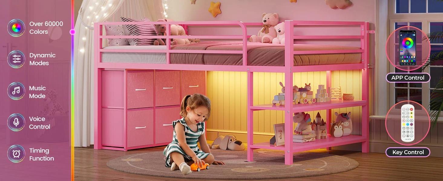 Sikaic Twin Size Low Loft Bed with 6 Storage Drawers and LED Lights Modern Kids Metal Loft Bed with 15H Stairs & Safety Guardrail and 2 Tier Storage Shelves Sikaic Twin Size Low Loft Bed with 6 Storage Drawers and LED Lights Modern Kids Metal Loft Bed with 15H Stairs & Safety Guardrail and 2 Tier Storage Shelves