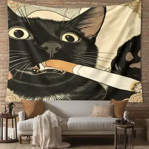 Distinctive Cat Tapestry, Humorous Illustration of a Smoking Cat, Large Artistic Wall Hanging, Decorative Background Cloth, Perfect for Living Room or Bedroom, 1 pc