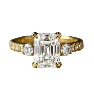 Emerald Cut CZ Engagement Ring, Gold Plated Three-Stone Promise Ring for Women marquise