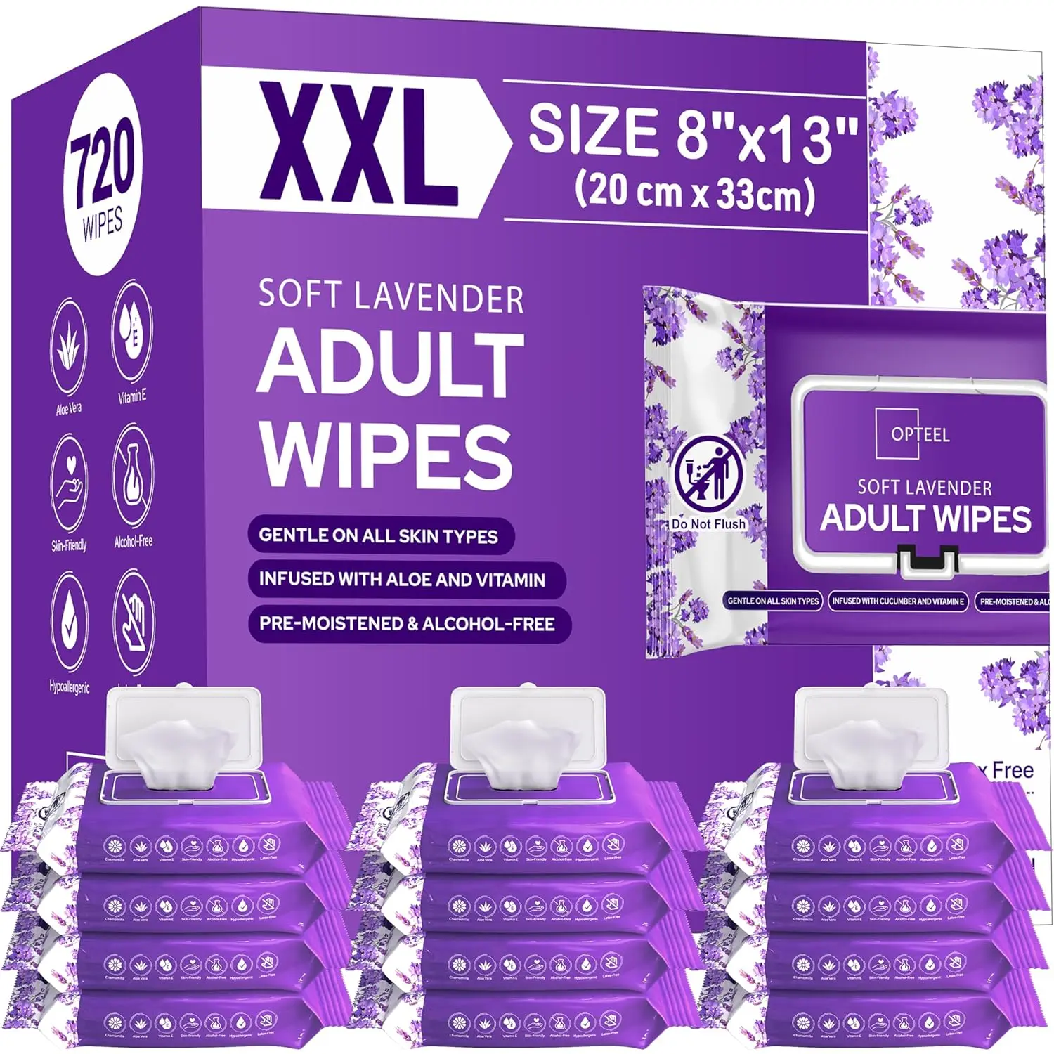 Wet Wipes For Adults Soft Lavender Scent - 8"x13" Extra Large & Soft, Perfect for Daily Hygiene or Incontinence, Vitamin E & Aloe Infused for Women & Men 720ct (12 Packs of 60)