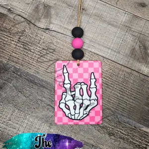 Hot Pink Checkered Print Retro Skeleton Hand Rock On Car Hanging Air Freshener Freshie Cute Car Accessories Decor Car Charm Girl Car Items Scented Car Air Freshener