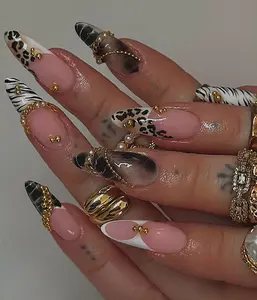 Sugar Nail Art US - Edgy Luxury Zebra Leopard Press On Nails | Long/Medium Reusable Set with Pearl & Gold Chain Art | ungle Glam Handmade Press-Ons