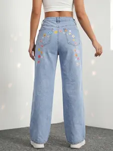 Jeanius Women's High Waist Wide Leg Denim Jeans, Medium Stretch Light Wash, Back Colorful Floral & Rhinestone Print, Sweet Casual Daily Semi Baggy Jeans