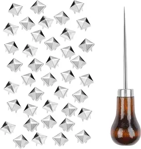 500 count 10 mm Square Pyramid Studs for Clothing Bag Leather Shoes Punk Rock  Craft, 4 Prong Metal Nailhead Studs Spikes Accessories with Awl ()