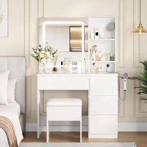 Garvee Modern Vanity Desk with LED Mirror Lights, 4 Drawers, Hair Dryer Holder, Storage Stool, and Outlets - Stylish Makeup Dressing Table in 3 Colors for Bedroom, White Finish