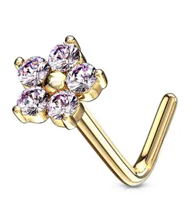 20G 14kt Gold Pink CZ Floral L Bend Nose Ring