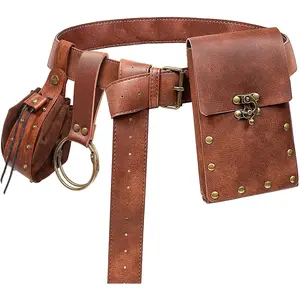 Z-BT7   Renaissance Belt Pouch Coin Purse Skirt Hike Set Medieval Festival Costume Halloween Accessories Casual Fanny Pack Waist Bag (2Pouch-Brown)