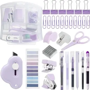 Mini Office Supply Kit-Includes Stapler, Tape Dispenser, Staple Remover, Paper Clips, Scissors, Staples, Pen Sharpener, Note, Small Telescopic Knife for Office and School (Purple)