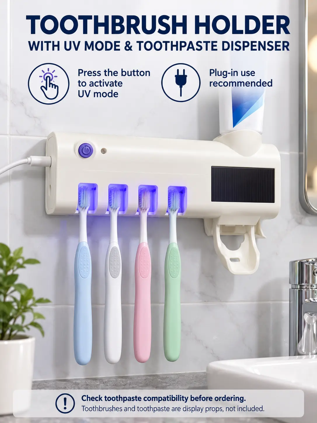 Toothbrush Holder and Toothpaste Dispenser, One-Push Dispensing, Button Disinfection, Drip Tray, No-Drill Wall Mount or Countertop